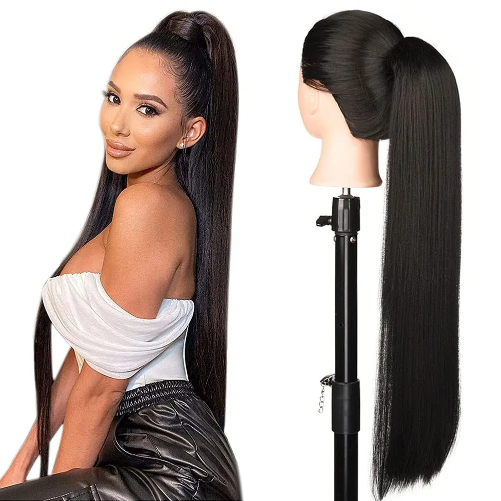 Ponytail Human Hair Extensions For Women Natural Black Color Straight Drawstring 22 24 26 Inches Human Hair Ponytail Extension