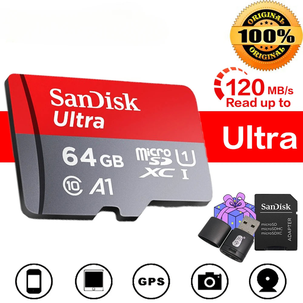 Sandisk – carte micro sd Ultra A1 U1 C10, 16 go/32 go/64 go/512 go/400 go/256  go/128 go/1 to, mémoire flash, 120 mo/s, pour téléphone portable