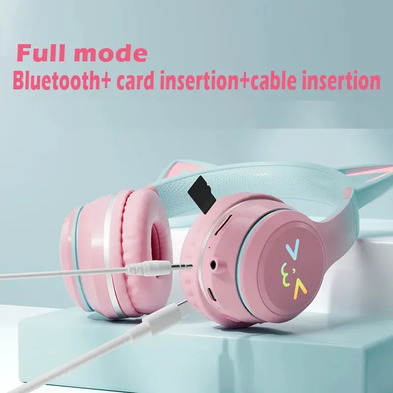 2026 Wireless Headphones RGB Cute Cat Girls Kids Gift Headset with Microphone Stereo Music Gaming Earbud Control Lights Earphone