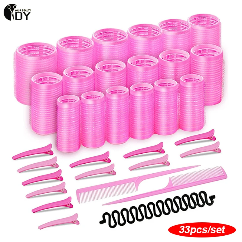 Hair Styling Tool Hair Curling Tools 33pcs S/M/L Hair Rollers Self Grip Holding Self-Adhesive Air Bangs Curling Roller Natural Curlers Heatless Curling