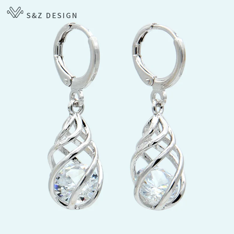 S&Z DESIGN New Trendy 585 Rose Gold Color Cubic Zirconia Spiral Hollow Water Drop Dangle Earrings For Women Gift Jewelry