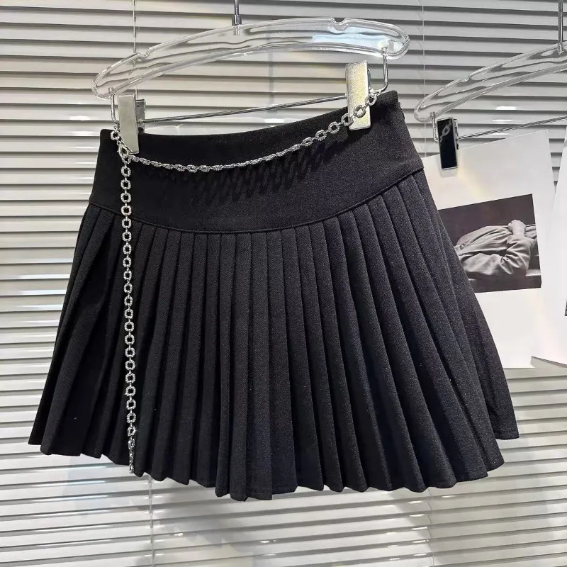 New Arrival Short Skirts Women Chain High Waist A-line Solid Color Pleated Skirts Korean Fashion High Street Y2k Skirt Female
