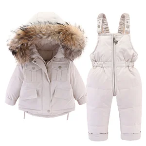 Пуховик и комбинезон для маленьких девочек 2 шт., утепленный теплый пиджак с меховым воротником для младенцев 0-6 лет