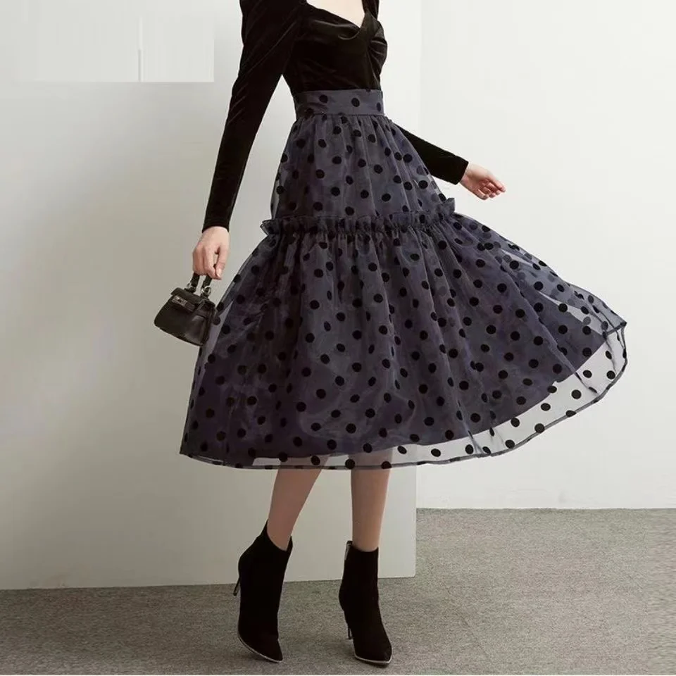 

Юбка женская плиссированная средней длины, Тюлевая в горошек, с эластичной завышенной талией, а-силуэт, Повседневная пляжная одежда для вечеринок, весна-лето 2023