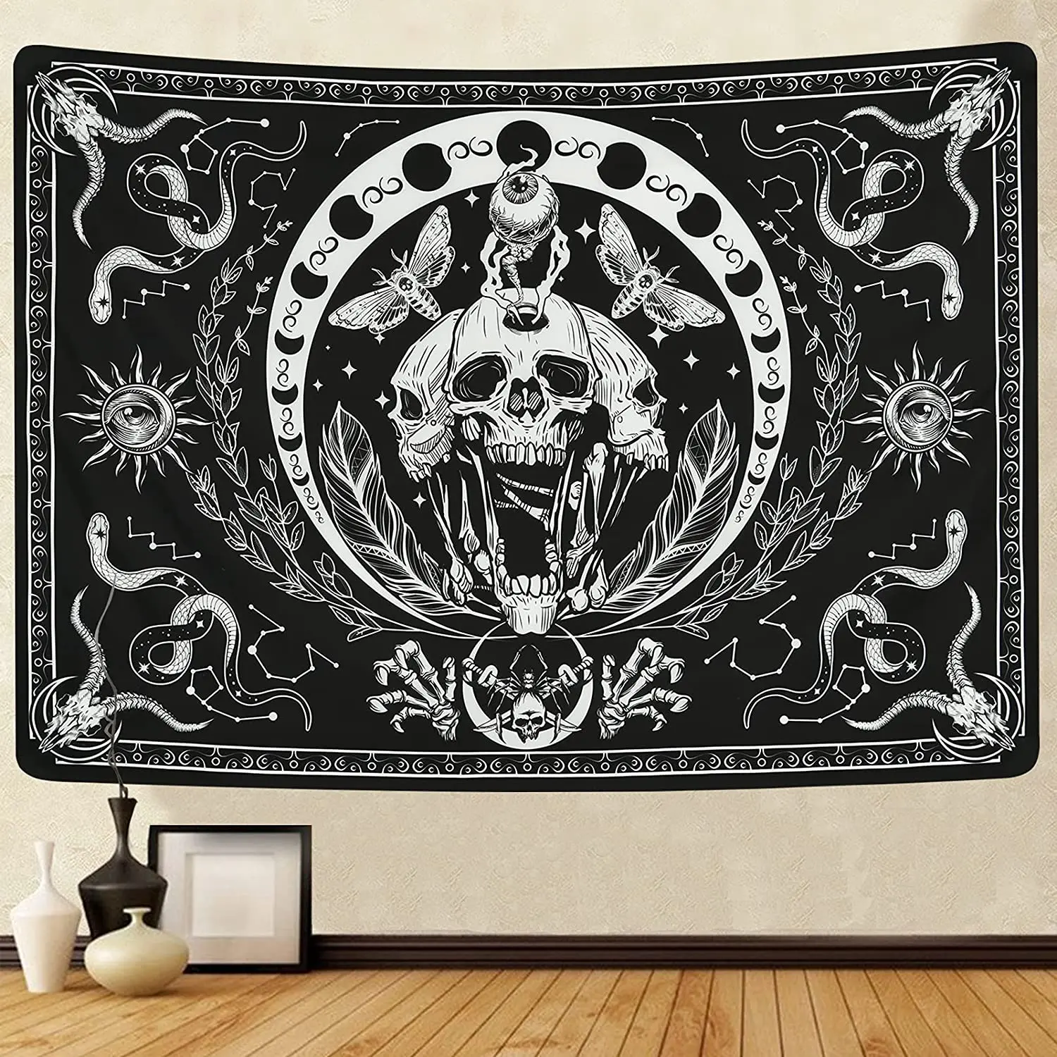 Skull Tapestry Black White Tapestries Snake Moth Trippy Skeleton