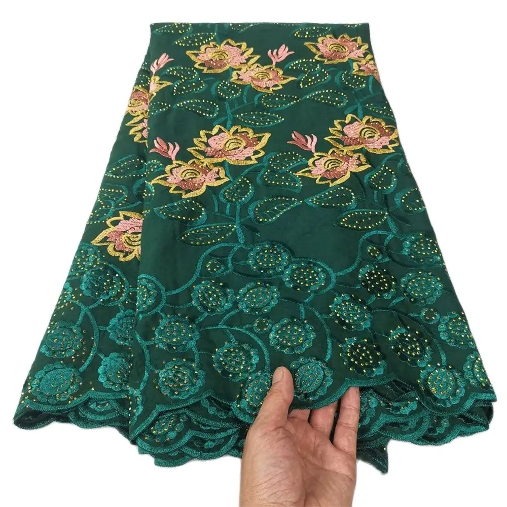 

New Arrival 5 Yards Embroidery Cotton Lace Fabric With Stones African Swiss Voile Lace Fabric For Wedding