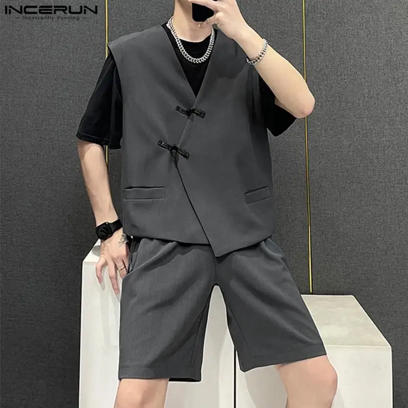 

INCERUN 2023 Chinese Style Men Fashion Sets Buckle Design Solid Well Fitting Comfortable Vests Shorts Casual Suit 2 Pieces S-5XL