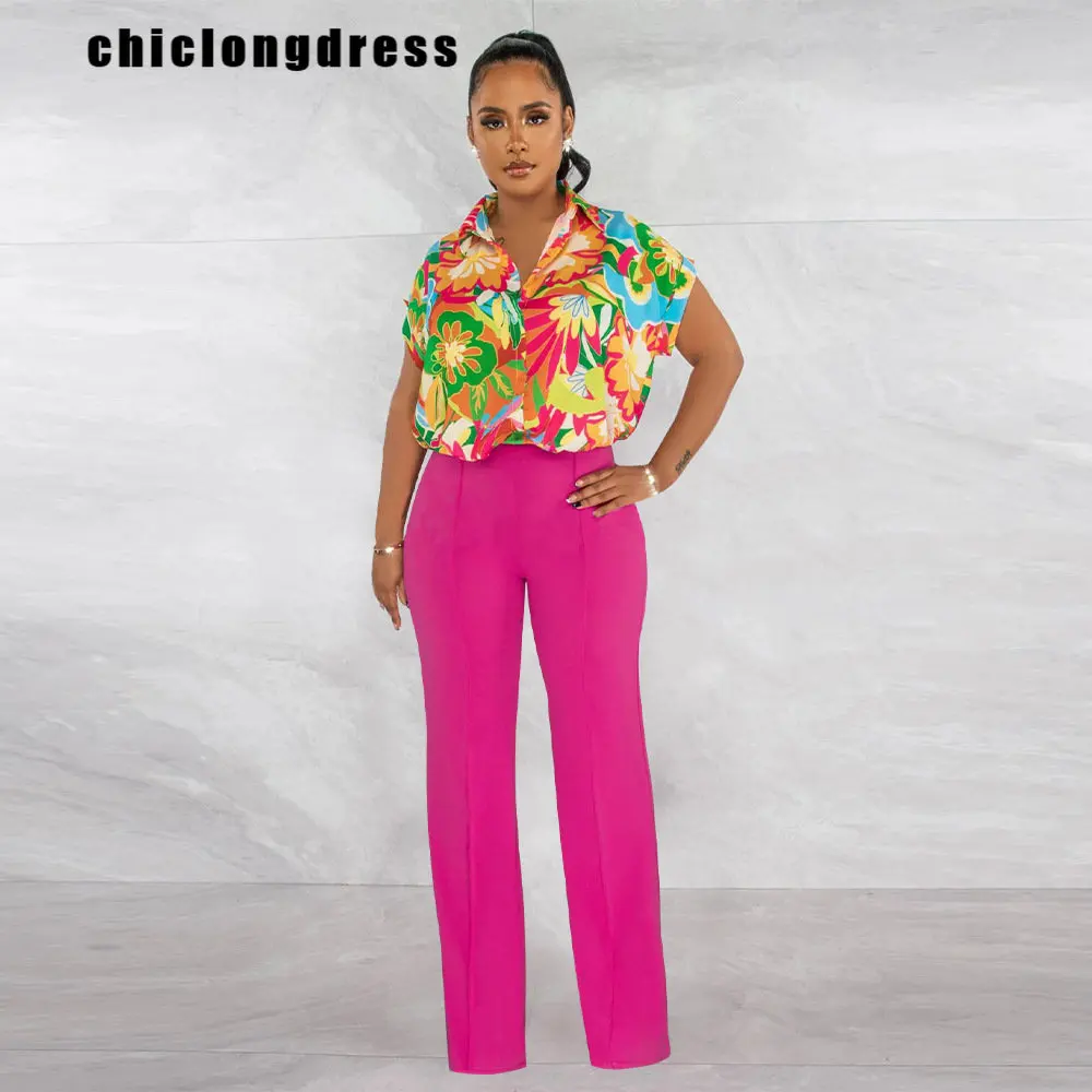 

Summer Fashion Office Ladies Two Piece Set Women Casual Print Button Shirt High Waist Straight Trousers Two Piece Set Women