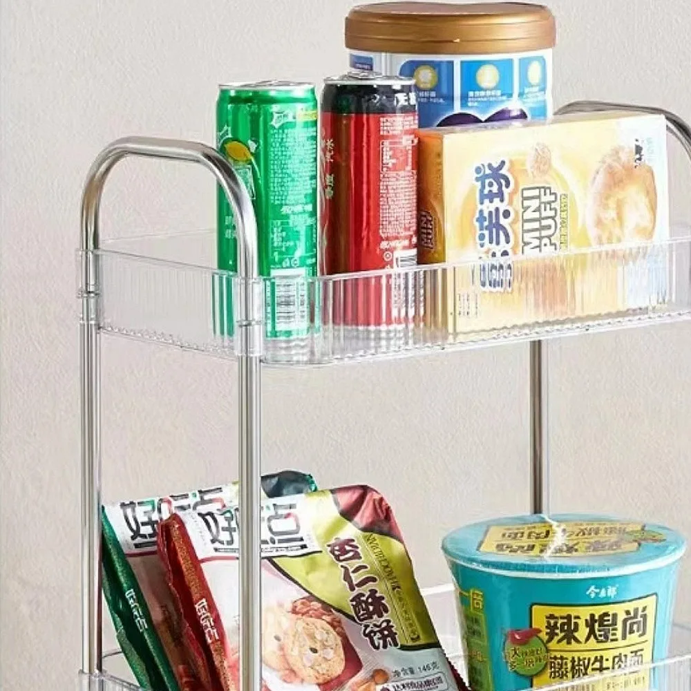 4 Tiers Rolling Cart Storage Shelfs with Hanging Basket Transparent Acrylic Trolley Mobile Shelf with Wheel Multi-Layers Storage
