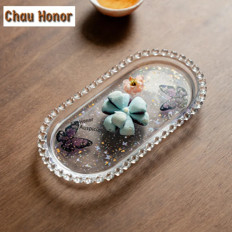 Glass Butterfly Tea Tray Zen Cake Rack Coffee Storage Board Cutlery Organizer Dishes for Serving Tea Services Accessories Craft