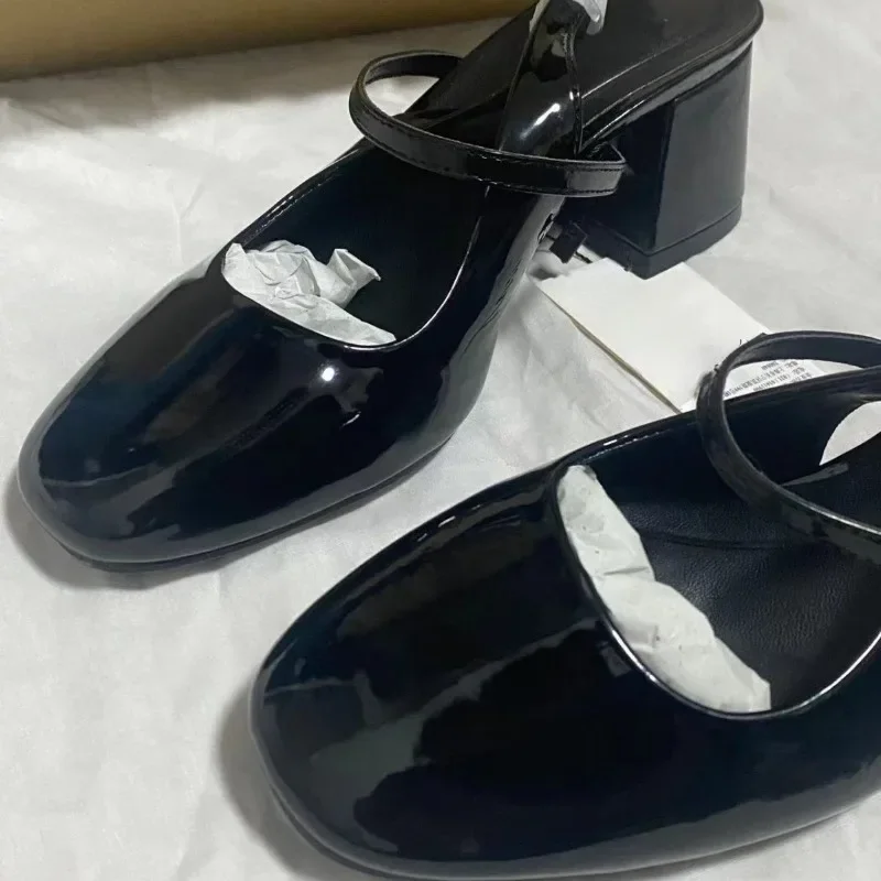 Woman Chunky High Heels Sandals Round Toe Patent Leather Summer Slingbacks Mary Janes Shoes
