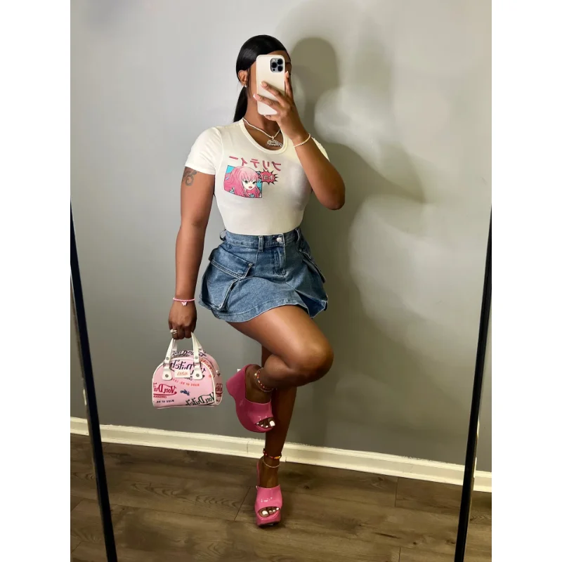 

Pleated A Line Distressed Denim Skirts Women Sexy Solid High Waist Button Zipper Pockets Slim Fitting Bottoms Club Streetwear