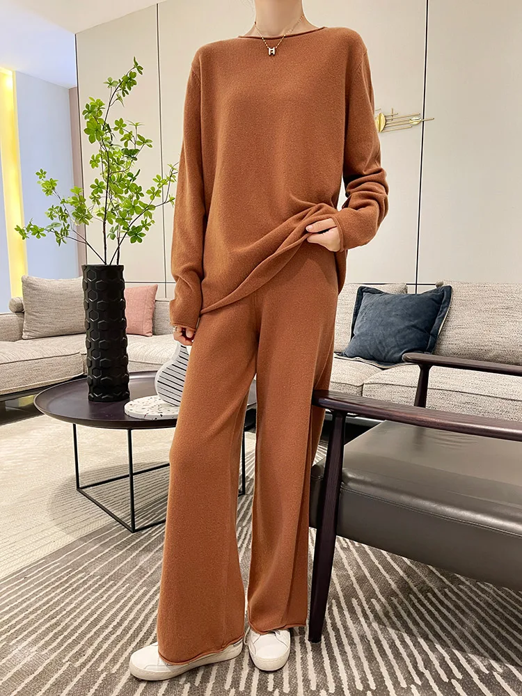 SZDYQH 100% Merino Wool Suit Autumn/Winter New Fashion Two-Piece Set Women's Round Neck Pullover Casual High Waisted Pants Suit 3