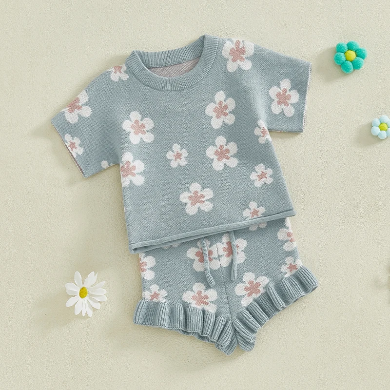 2024-11-29 Lioraitiin Spring Newborn Infant Toddler Baby Girl Clothes Set Short Sleeve Floral Print Knit Tops+Shorts 2Pcs Outfit 3