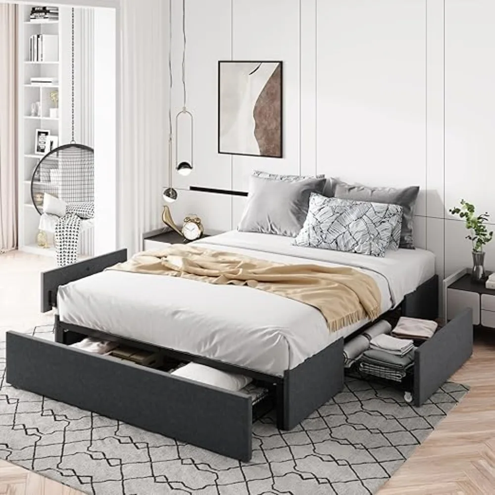 Platform Bed Frame with 3 Storage Drawers, Fabric Upholstered, Wooden Slats Support, No Box Spring Needed, Noise Free