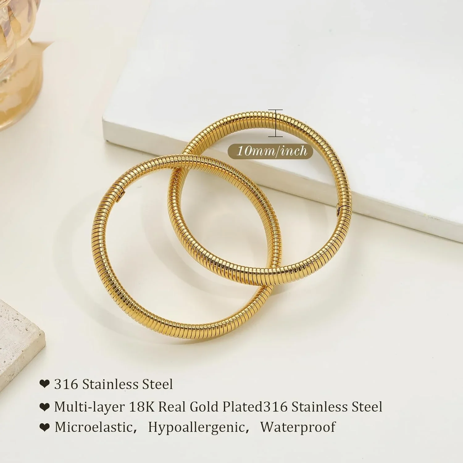Gold Bangles for Women Chunky Stretch Bangles Bracelets Set 18K Gold Plated Stainless Steel Bracelets Flexible Wide Wristband 3