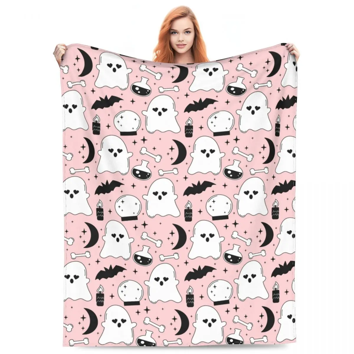 

Cartoon Pink Halloween Blanket Fleece Decoration Ghost Bats Bones Multi Ultra-Soft Throw Blankets for Home Office Bedspreads