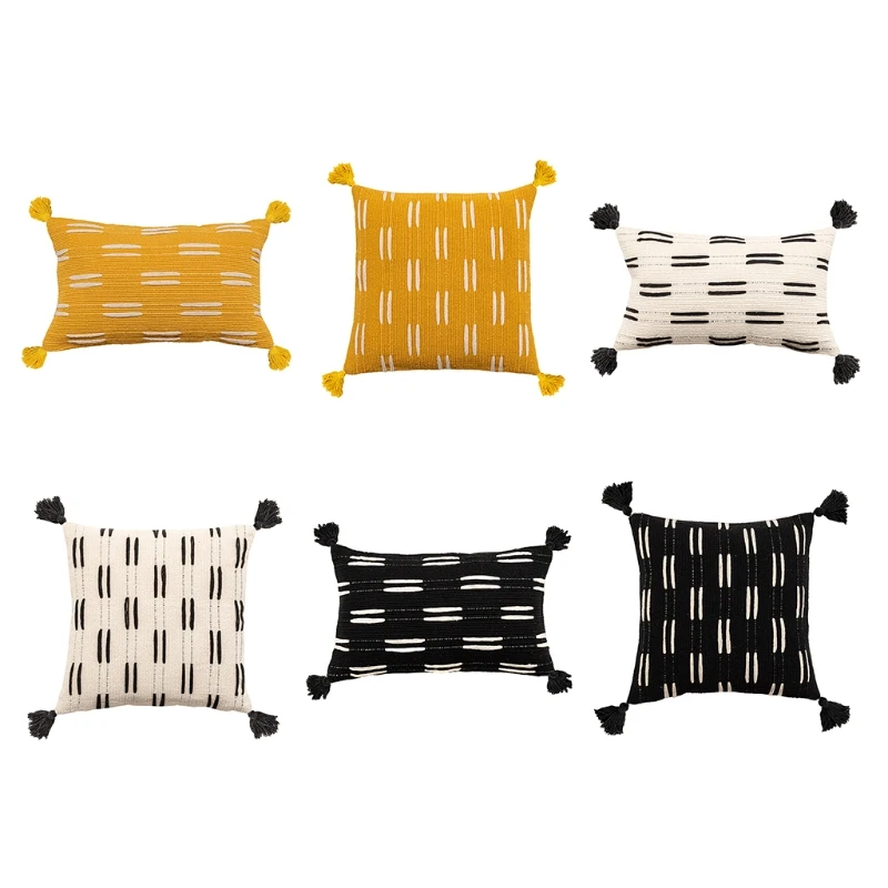 

Bohemian Tassel Lumbar Pillow for Case Rustic Farmhouse Tribal Tufted Knitted Striped Decorative Cushion Cover for Sofa Couch