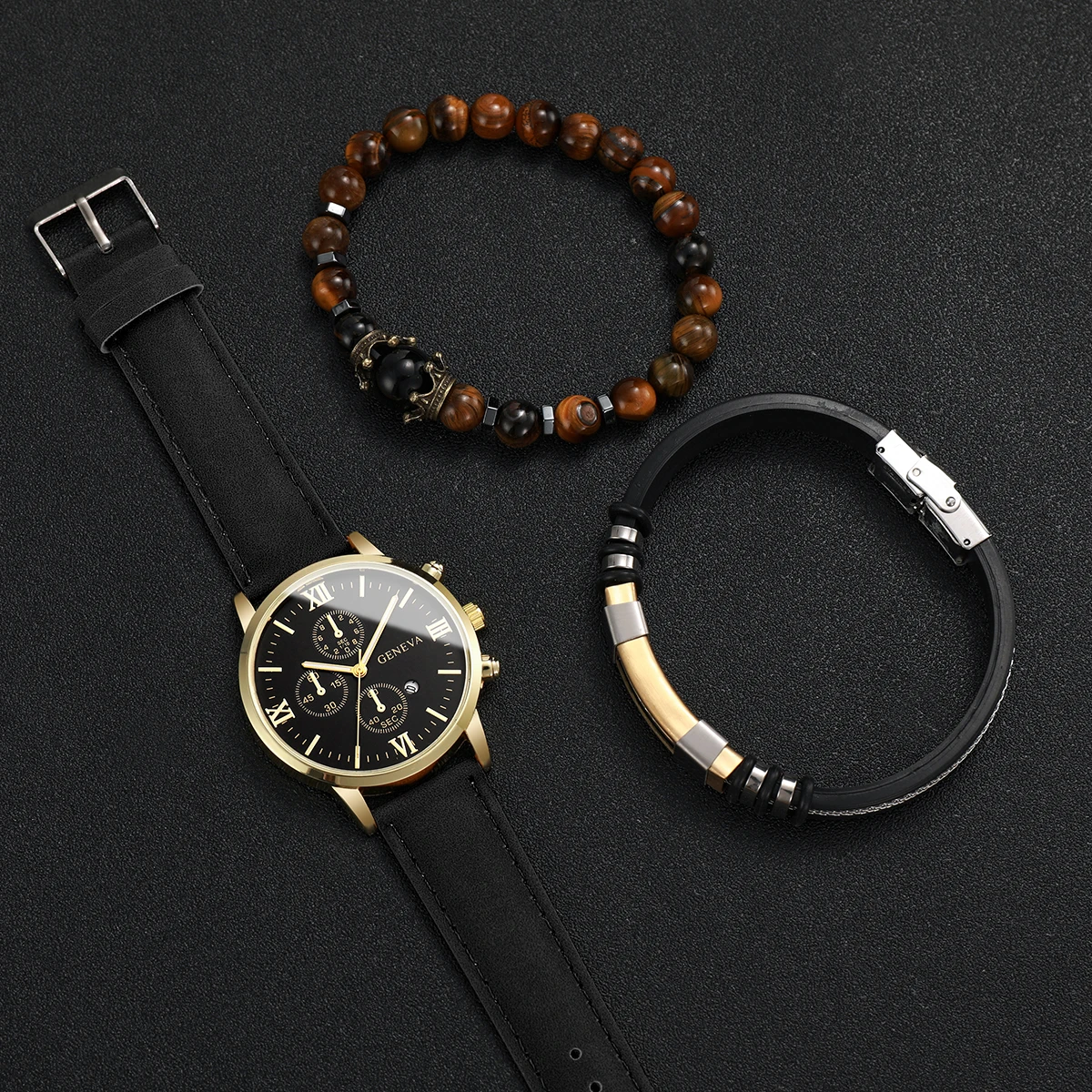 3PCs/Set Fashion Men's Watch Luxury Leather Band Quartz Watch with Tiger Eye Buddha Bead Titanium Steel Bracelet Set(No Box)