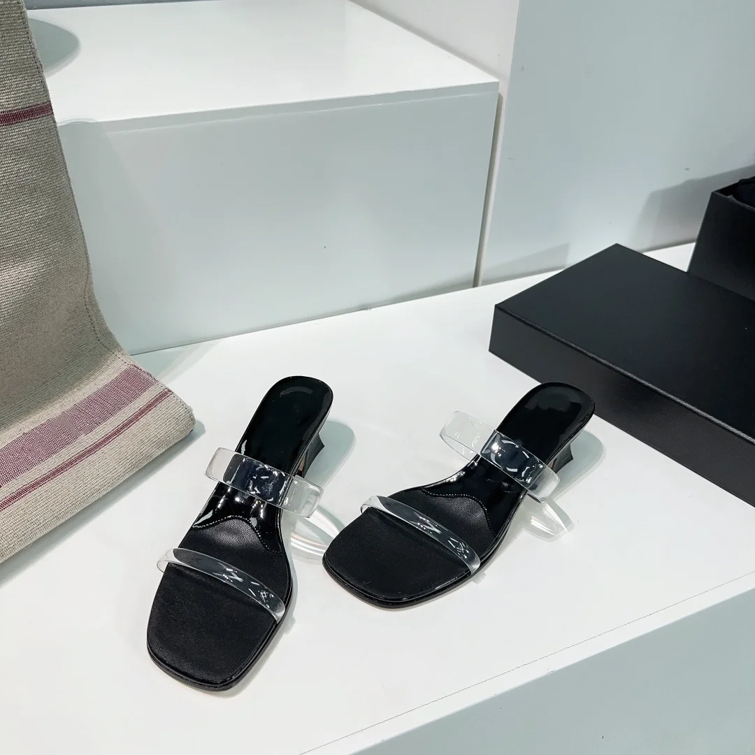 Summer New Fashionable Square Headed Middle Heel Slippers for Women, Genuine Leather Sole, Thick Heel, Open Toe Slippers