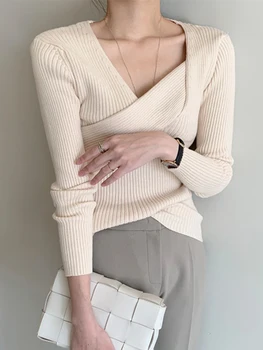 سترات نسائية برقبة على شكل V غير منتظمة ، بلوفر ضيق ، سترة نسائية ، بلوفر ، توبات غير رسمية ، أحادية اللون ، خريف ، شتاء ، موضة 5