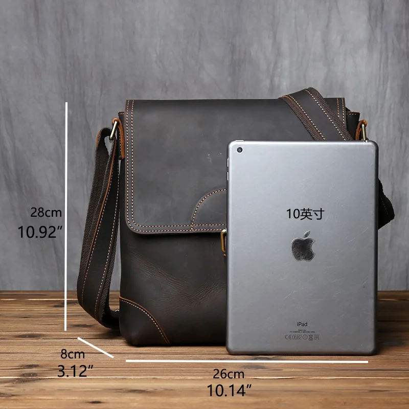 NZPJ Retro Men's Leather Shoulder Bag First Top Layer Cowhide Messenger Bag Casual Vertical Men's Bag Suitable For 11-Inch Ipad