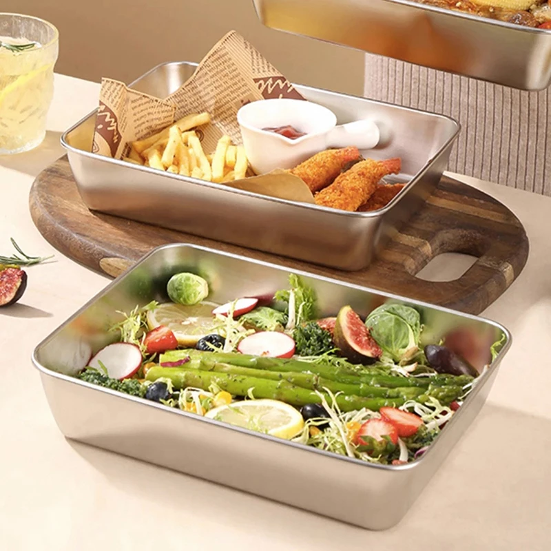 Stainless steel Square Plate with Lid Food Grade Thickened Metal Baking Dish for Oven Kitchen Tray