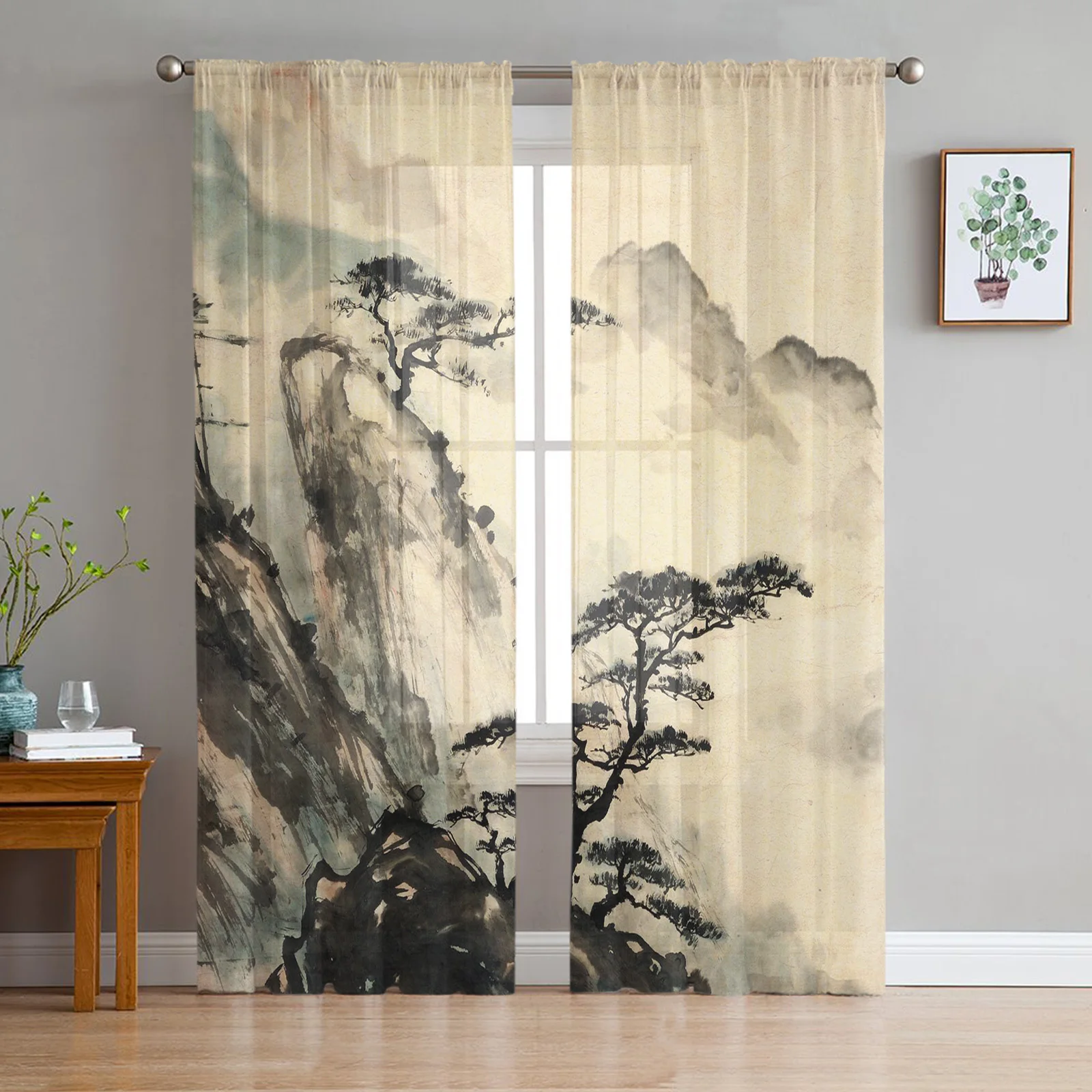 Landscape Ink Painting Chinese Style Sheer Tulle Window Curtains For Living Room Bedroom Kitchen Veiling Curtain Home Decoration