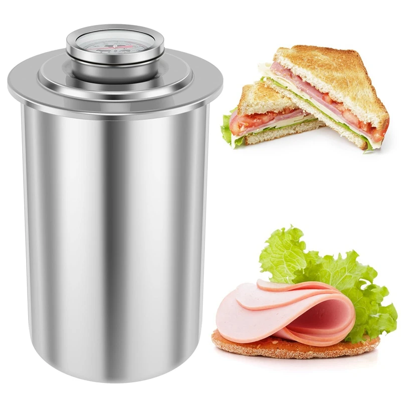 Stainless Steel Meat Press Ham Press Maker With Thermometer Round Shape Deli Meat Mold