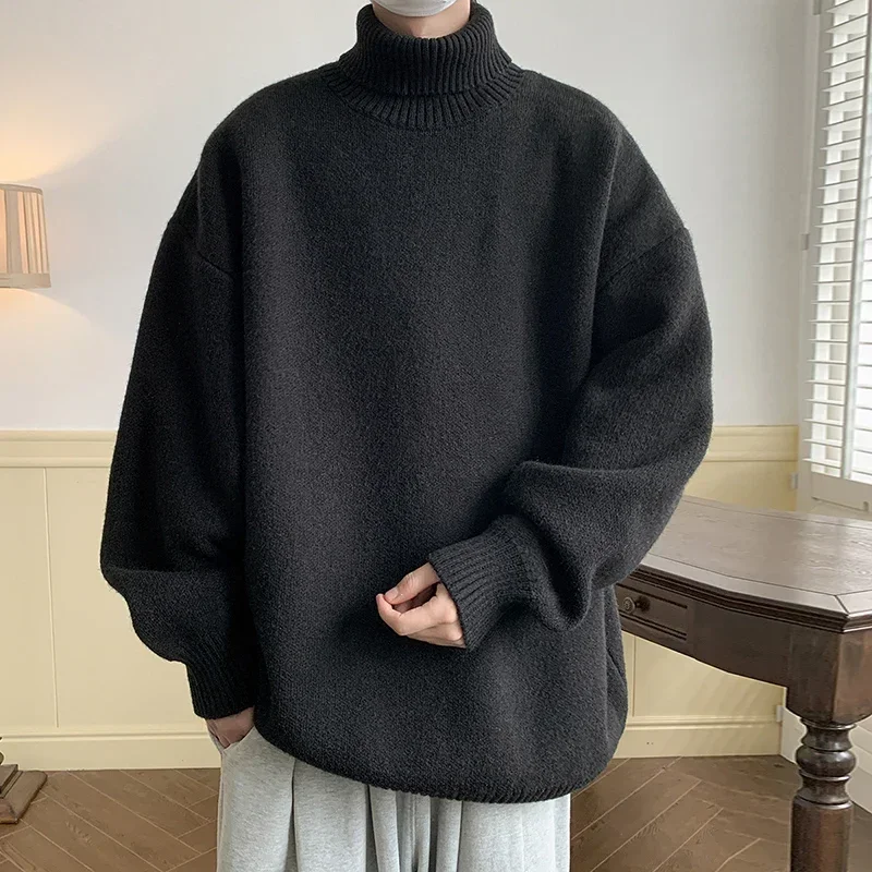 Autumn Winter Loose Casual Turtleneck Sweater Men Fashion Knitted Pullovers Men Solid Color Warm Harajuku Knitting Sweaters Man 2