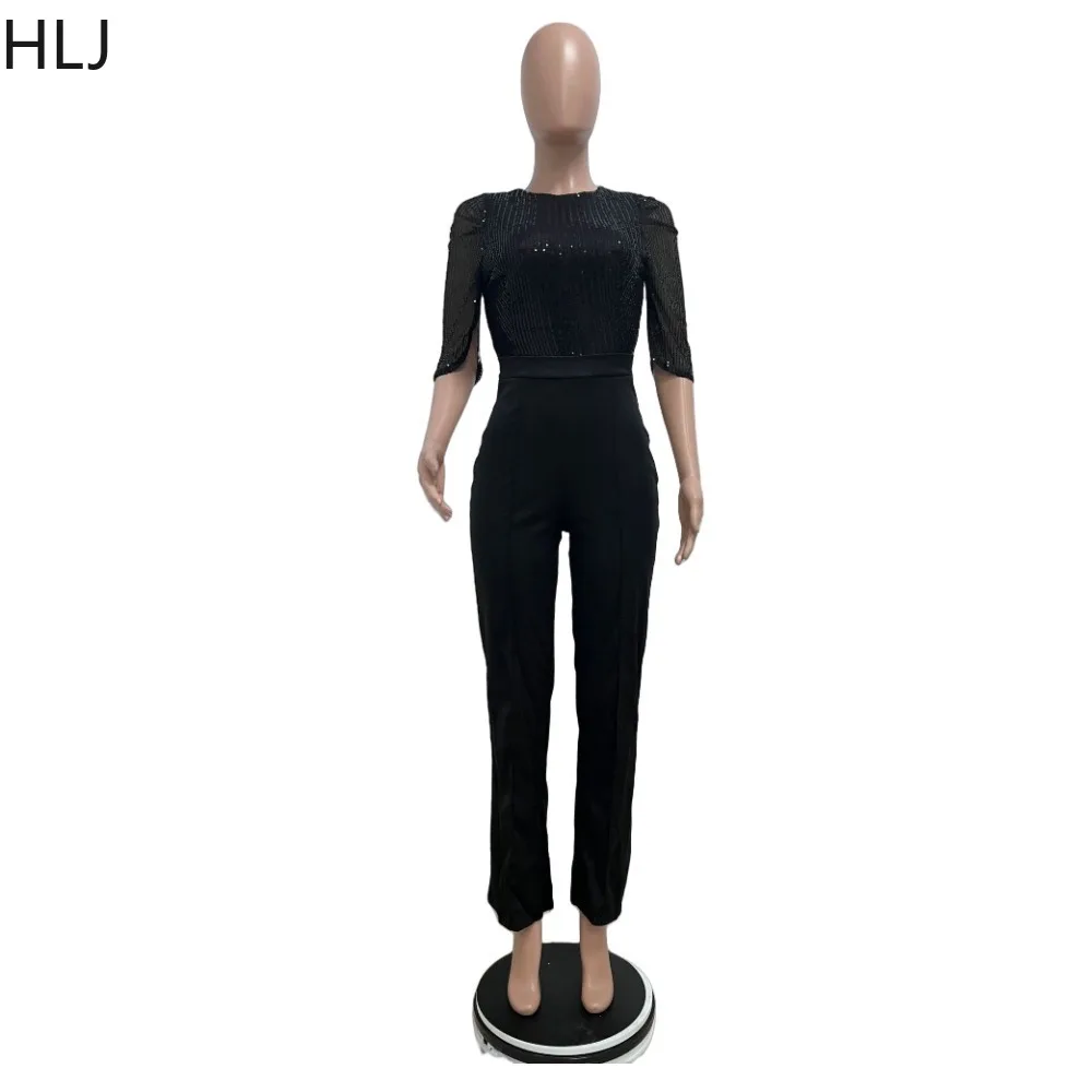 HLJ Elegant Office Lady Sequin Splicing Party Jumpsuits Women O Neck Short Sleeve Slim Straight Pants Playsuits Fashion Overalls