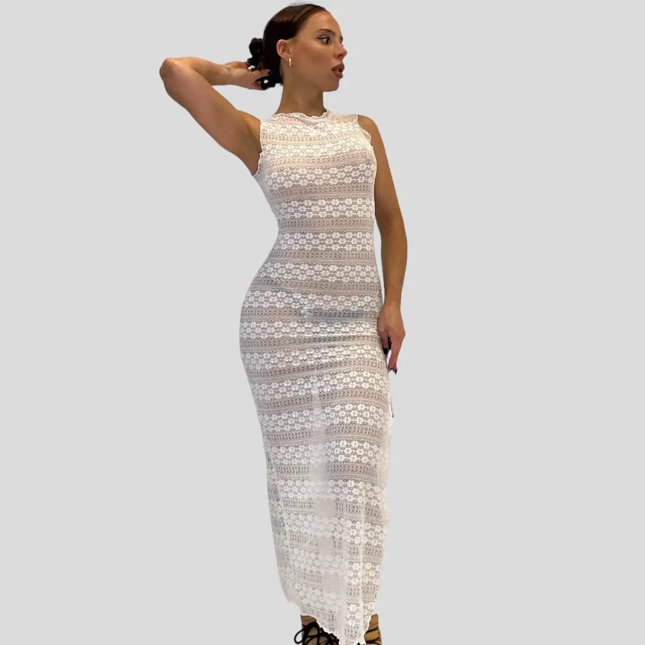

Women Summer Ruffled Tank Dress Striped Floral Lace See-through Sleeveless High Split Party Cover-up Long Sundress Beach Club