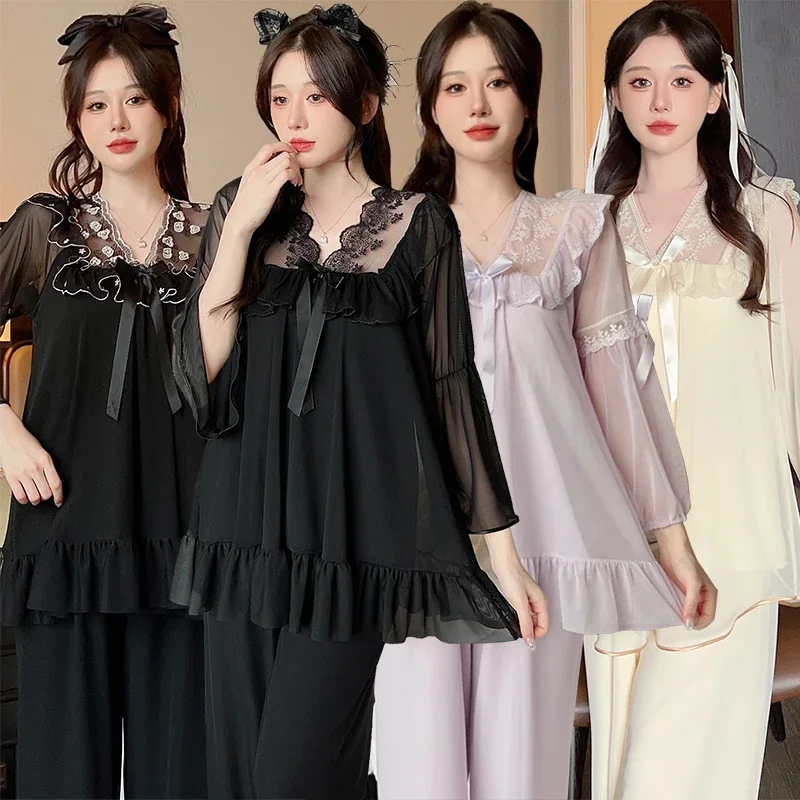 

2023 Autumn Long Sleeve Modal Pajama Sets for Women Korean Cute Lace Sleepwear Suit Pyjama Homewear Pijama Mujer Home Clothes