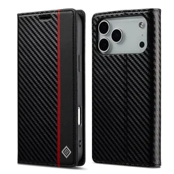 Sleek Carbon Fiber Leather Wallet Card Phone Case with Magnetic Flip Holder Cover - iPhone 12 Mini (Black - B)