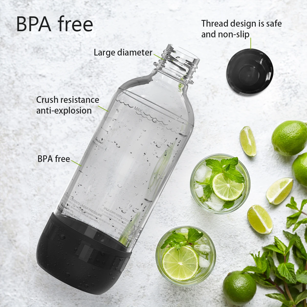 Mycket 1LReusable PET Sparkling Water Bottles BPA Free for Soda Machine Black and White Color