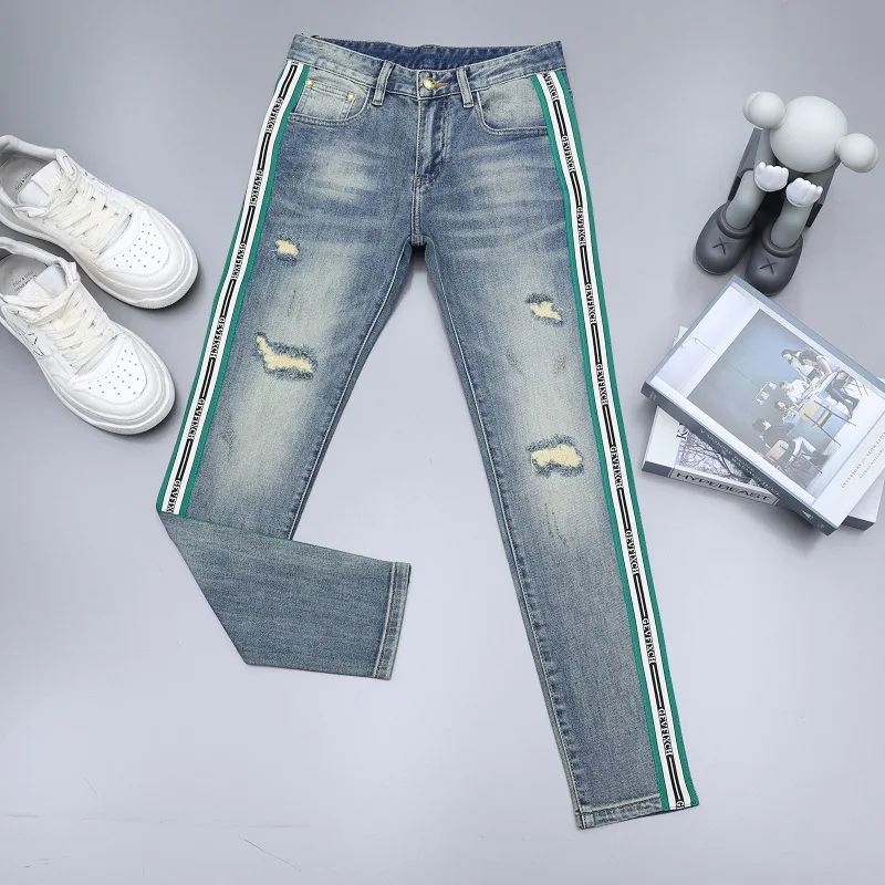 Spring and Summer Light Blue Men's Jeans 2024 New Trendy Versatile Street Fashion Casual High-End Trousers