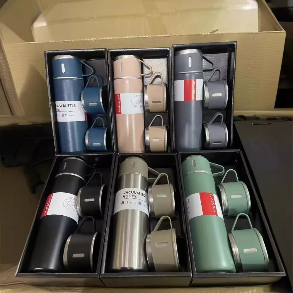 One Cup three-lidded Thermos Cup Gift Box set 304 stainless steel business gift cup Christmas Gift for Family Ice Water Bottle