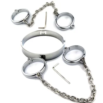 Stainless Steel Wrist Handcuffs Ankle Cuffs with Chain Neck Collar Bdsm Bondage Restraints Shackle Adult Sex Toys for Women Men 1