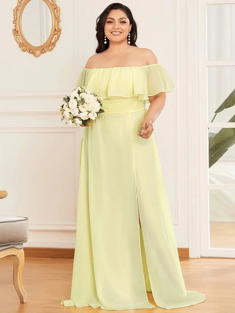 Plus Size Evening Dresses Off The Shoulder Bridesmaid 2022 Ever Pretty fo Long Lace Sleeve Elegant Prom Dress for Women EP00968 Yellow