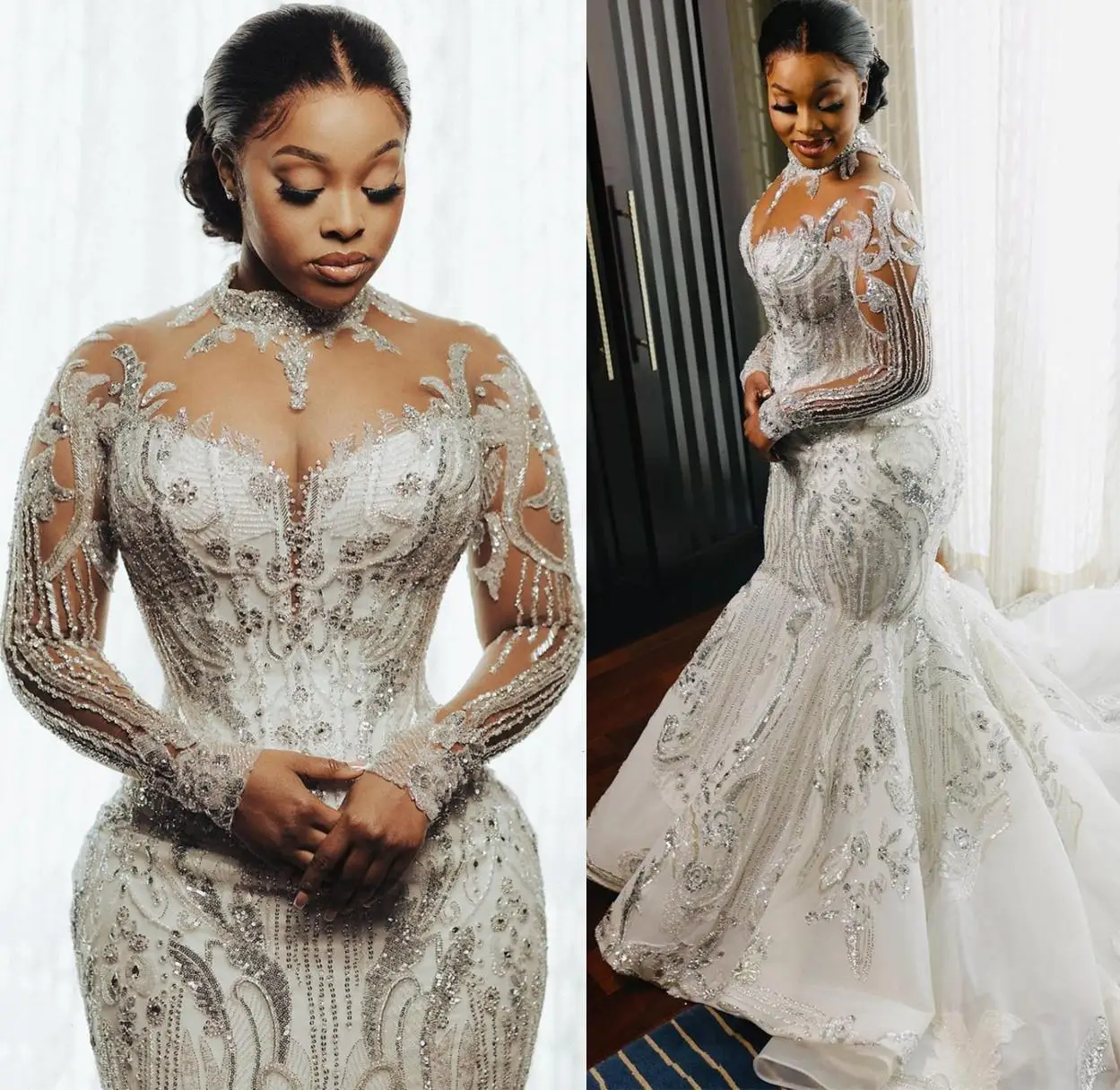 

2024 Plus Size Arabic Aso Ebi Mermaid Wedding Dress Luxurious Illusion Long Sleeve Sheer High Neck Lace Crystal Bridal Gowns