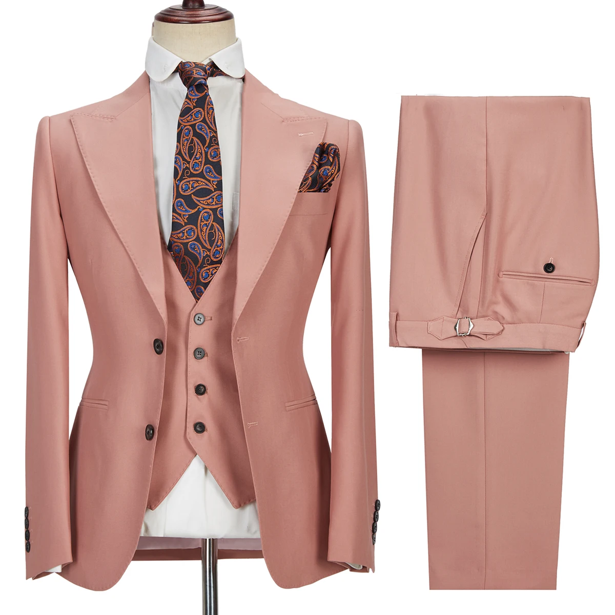 

Trim Fit Wedding Men Suits Tuxedos Pink Groom Wear Formal Suit Custom Size Peaked Lapel 3 Pieces Blazer+Vest+Pant