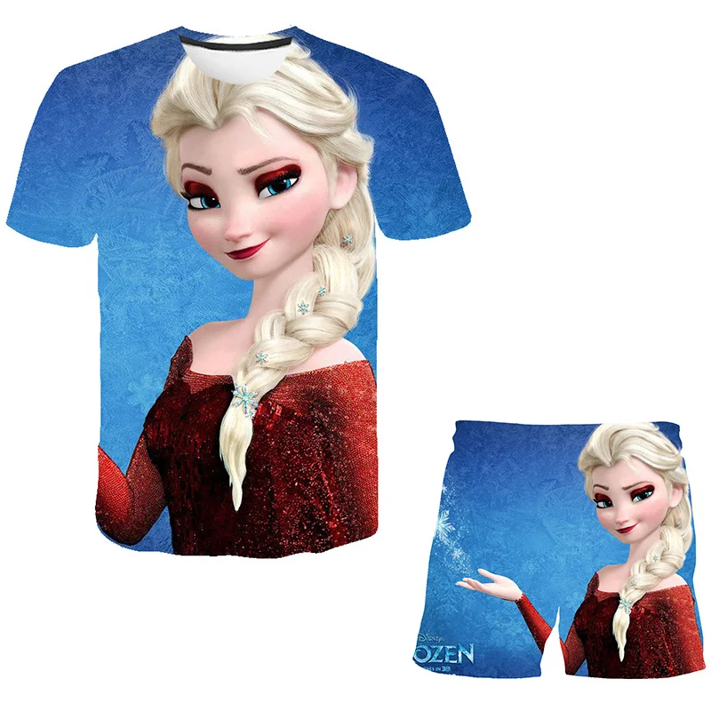 

Summer Elsa Pretty Pattern Children Kawaii Disney T Shirt + Shorts 2Pcs Suit Anime Cartoons Casual Clothes Girls 6M-14T Sets