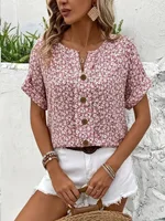 Plus Size Womens 2025 Spring Summer New Fashion Casual Floral Print V-Neck Short Sleeve T-Shirt