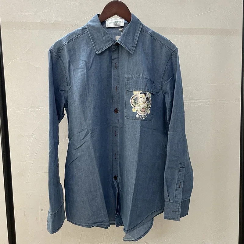 

Autumn Winter Casablanca Denim Long Sleeved Shirt Casablanca High Street Men Women Button Pocket Cardigan Shirt