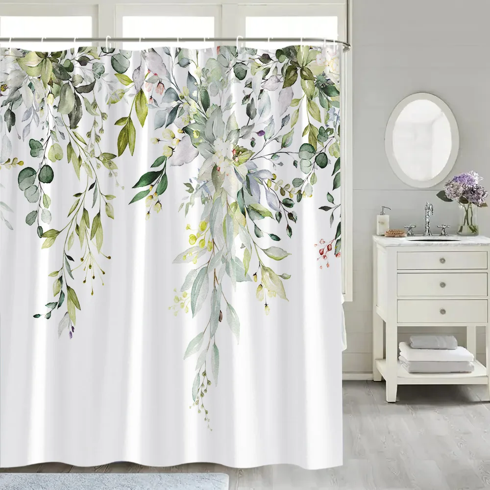 

Watercolor Floral Shower Curtain Farm Spring Botanical Green Leave Modern Butterfly Vine Polyester Fabric Bathroom Decor Curtain
