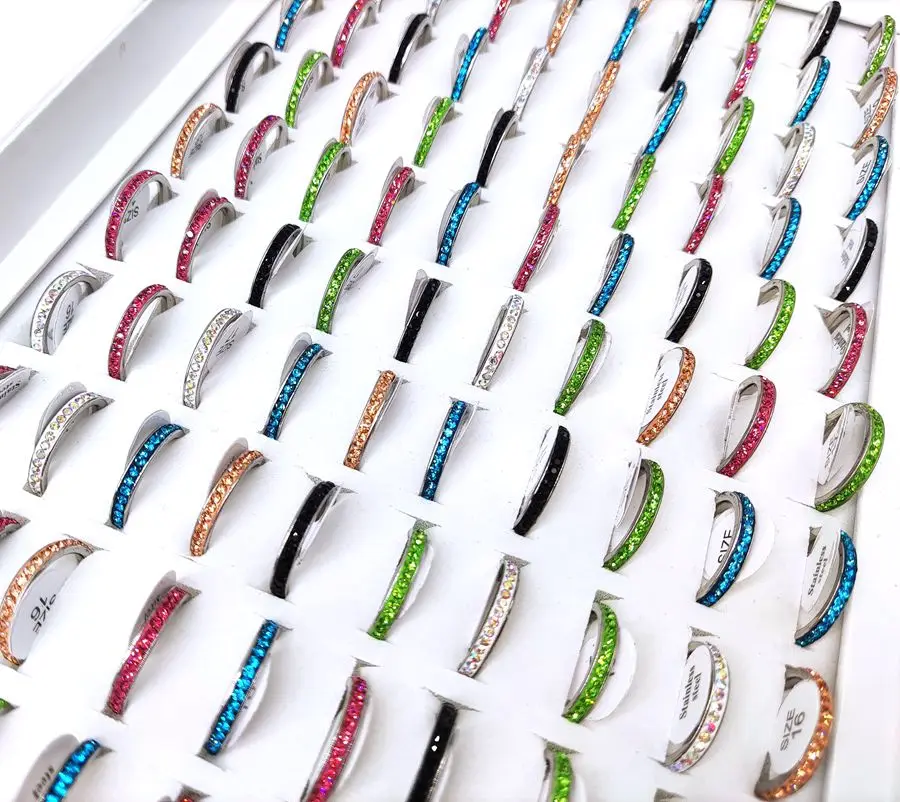 Wholesale 20/50/100pcs Multi-colored Beautiful Zircon Stainless Steel Rings Women's Couples Wedding Jewelry Lovers Gift 4