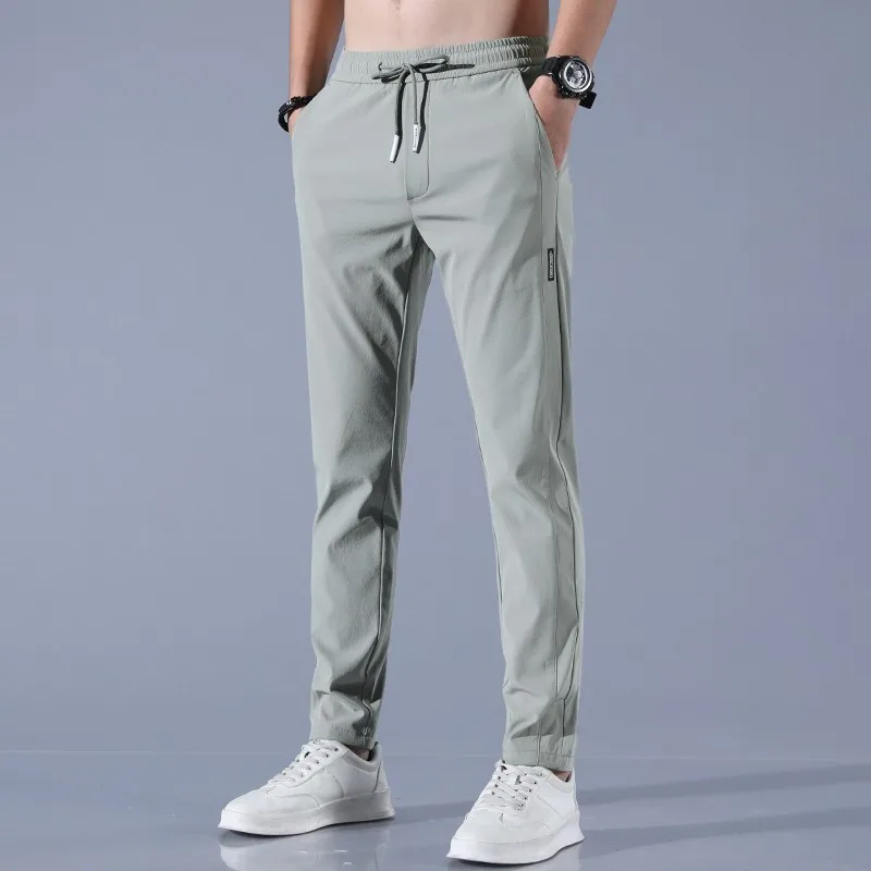 2023Men's Ice Silk Casual Trousers Summer Quick-Drying Gym Sports Pants Thin Solid Color Fashion Pocket Casual Straight Pantalon