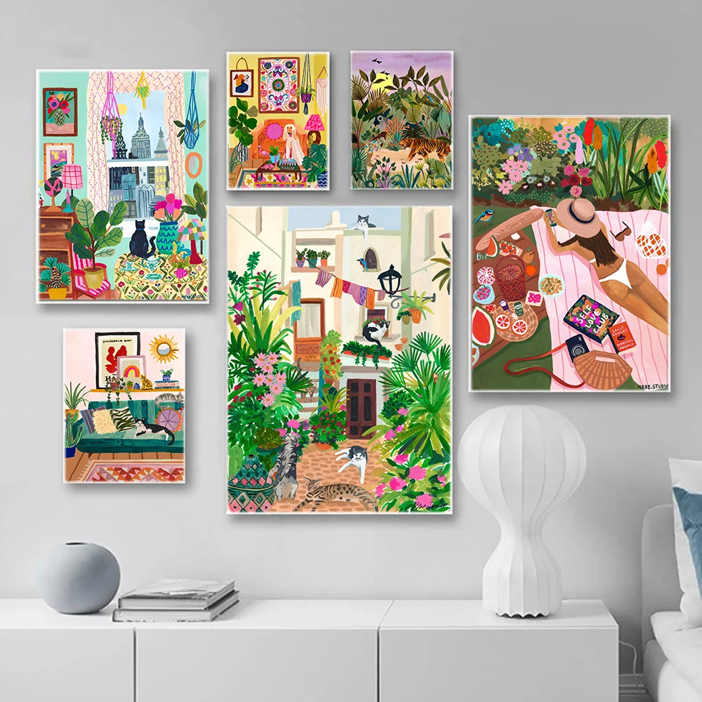 

Housewarming Gifts New York Cat Colorful Wall Art Canvas Poster Nordic Summer Girl Print Painting Animal Decorative Picture
