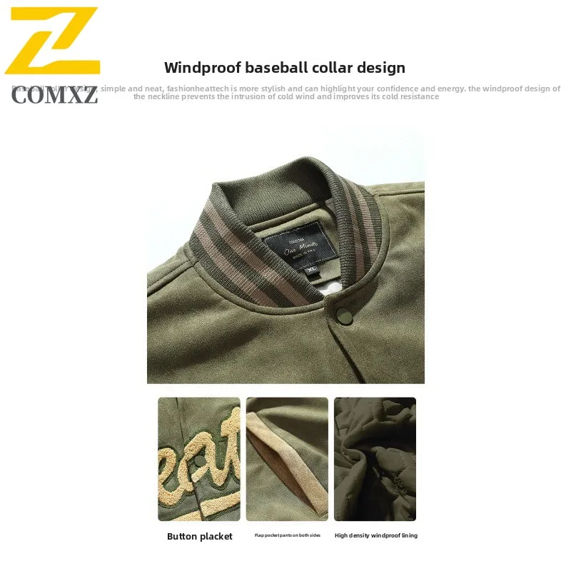 Men's Baseball Stand Collar Cotton Jacket Winter Japanese Style  Streetwear Coat Windproof Water-Resistant ThickenedOuterwear