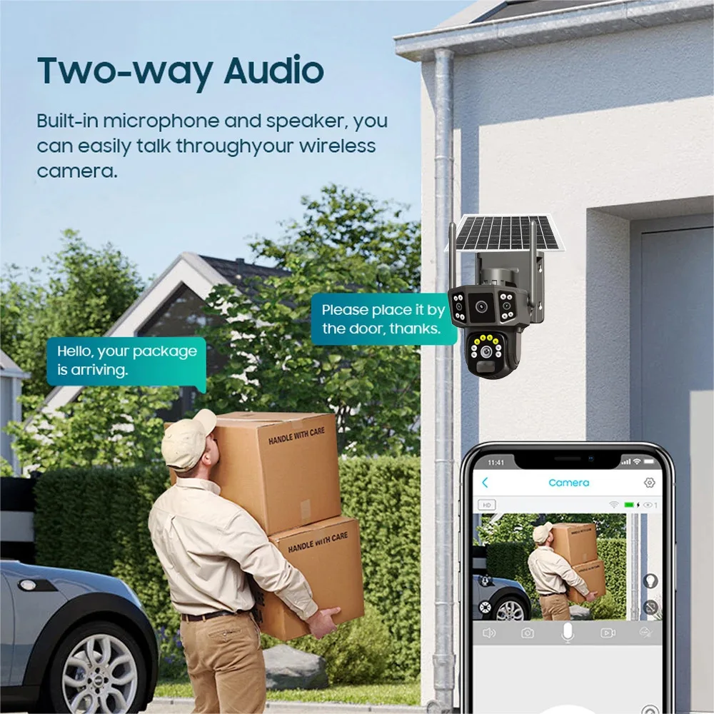 Outdoor panoramic pan tilt solar camera without power or network, remote three screen night vision orchard monitoring camera